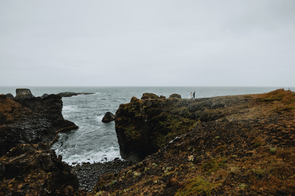 Bride and groom in the wind and rain near Búðir church