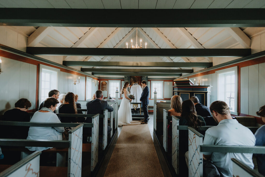 Church wedding ceremony inside Búðakirkja on Snæfellsnes