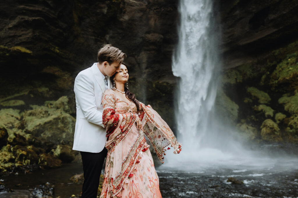 Close-up of Mauli and Christian embracing on their Iceland elopement day