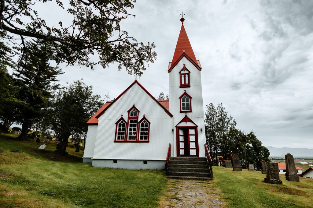 The wooden church at Breiðabólstaður in Fljótshlíð, Iceland, on Tracie and Jay's wedding day