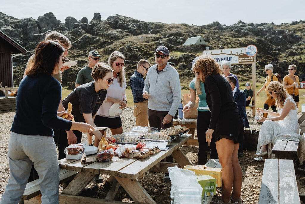 Tracie, Jay and their wedding guests having a picnic at Landmannalaugar